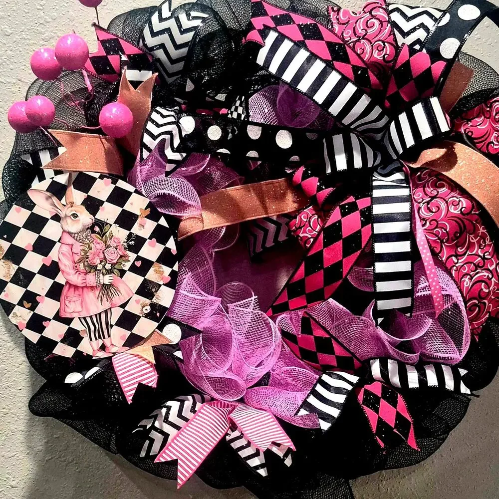 Wreath Rabbit flowers Valentines, Easter, Spring, Summer SIGN Ribbon pink black
